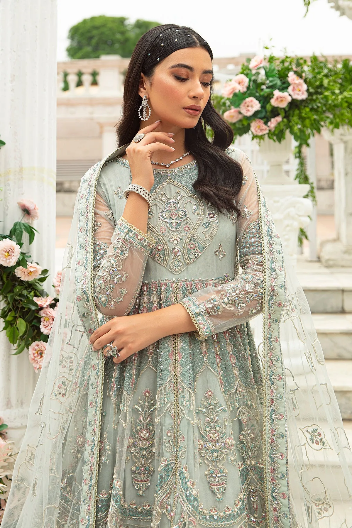 Ice Blue Lehenga Frock Heavily Embellished Pakistani Wedding Dress