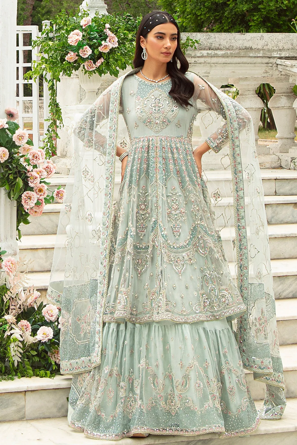 Ice Blue Lehenga Frock Heavily Embellished Pakistani Wedding Dress