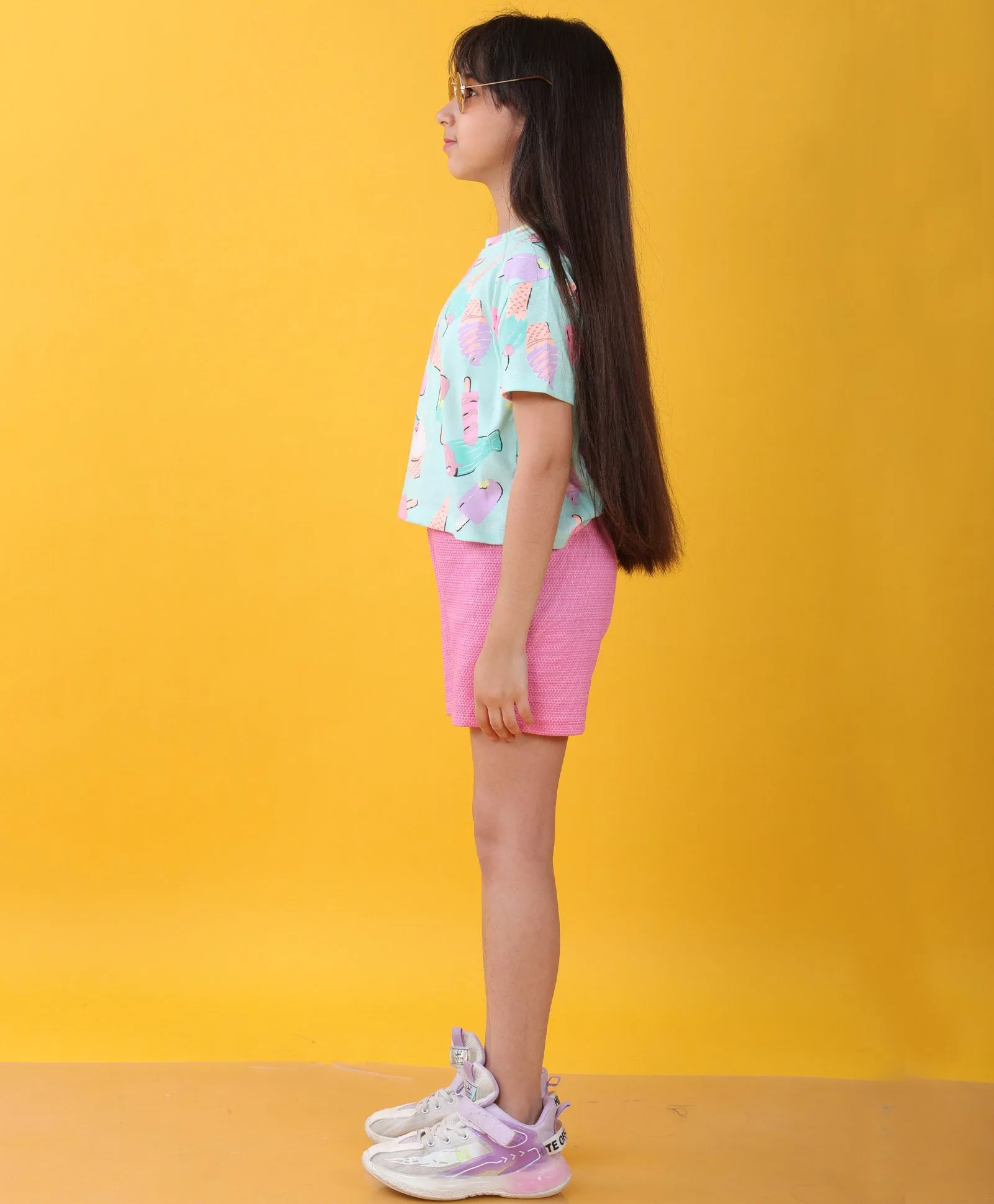 ICECREAM PINK POPCORN GIRLS SHORTS SET  - AQUA/PINK