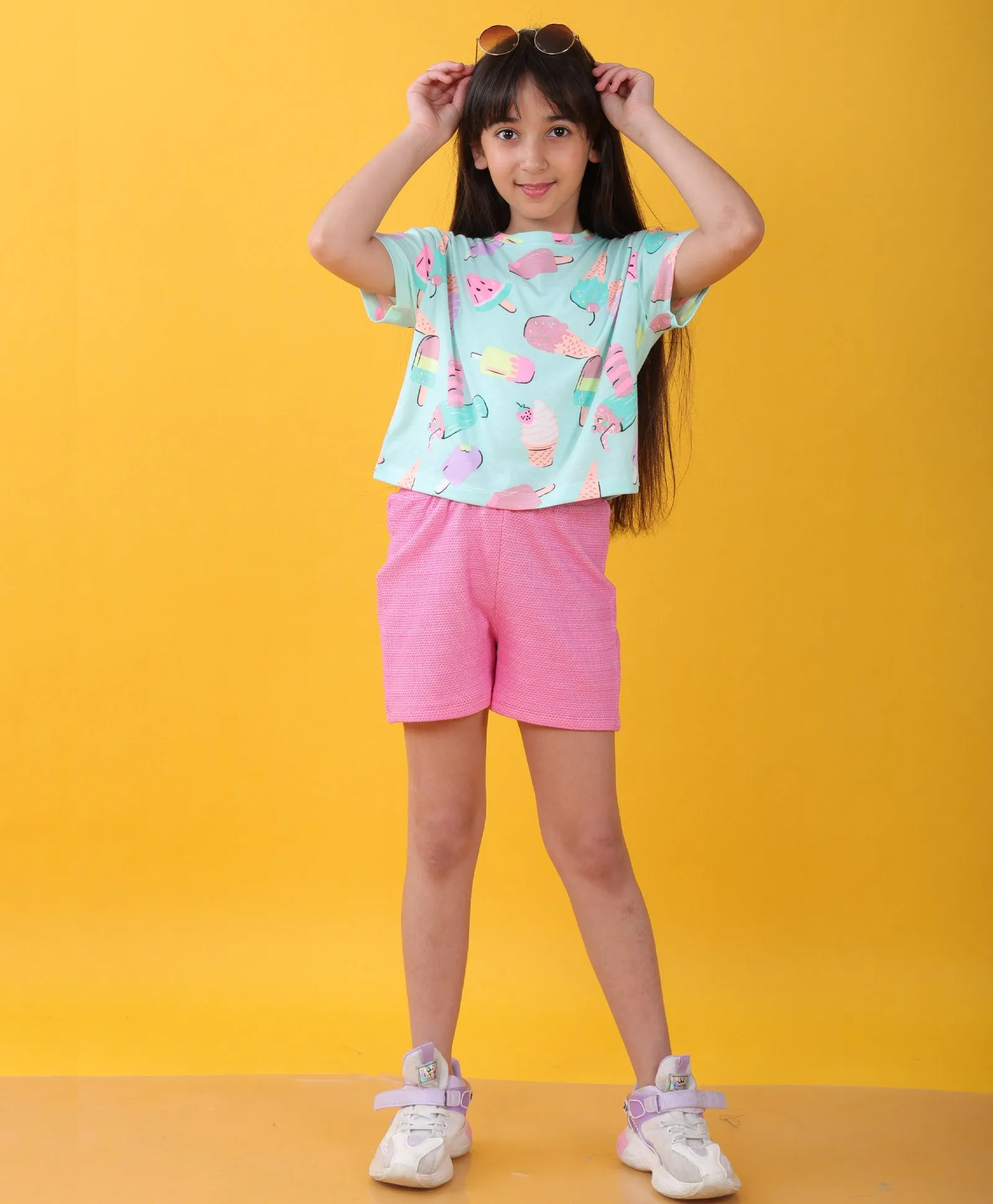 ICECREAM PINK POPCORN GIRLS SHORTS SET  - AQUA/PINK
