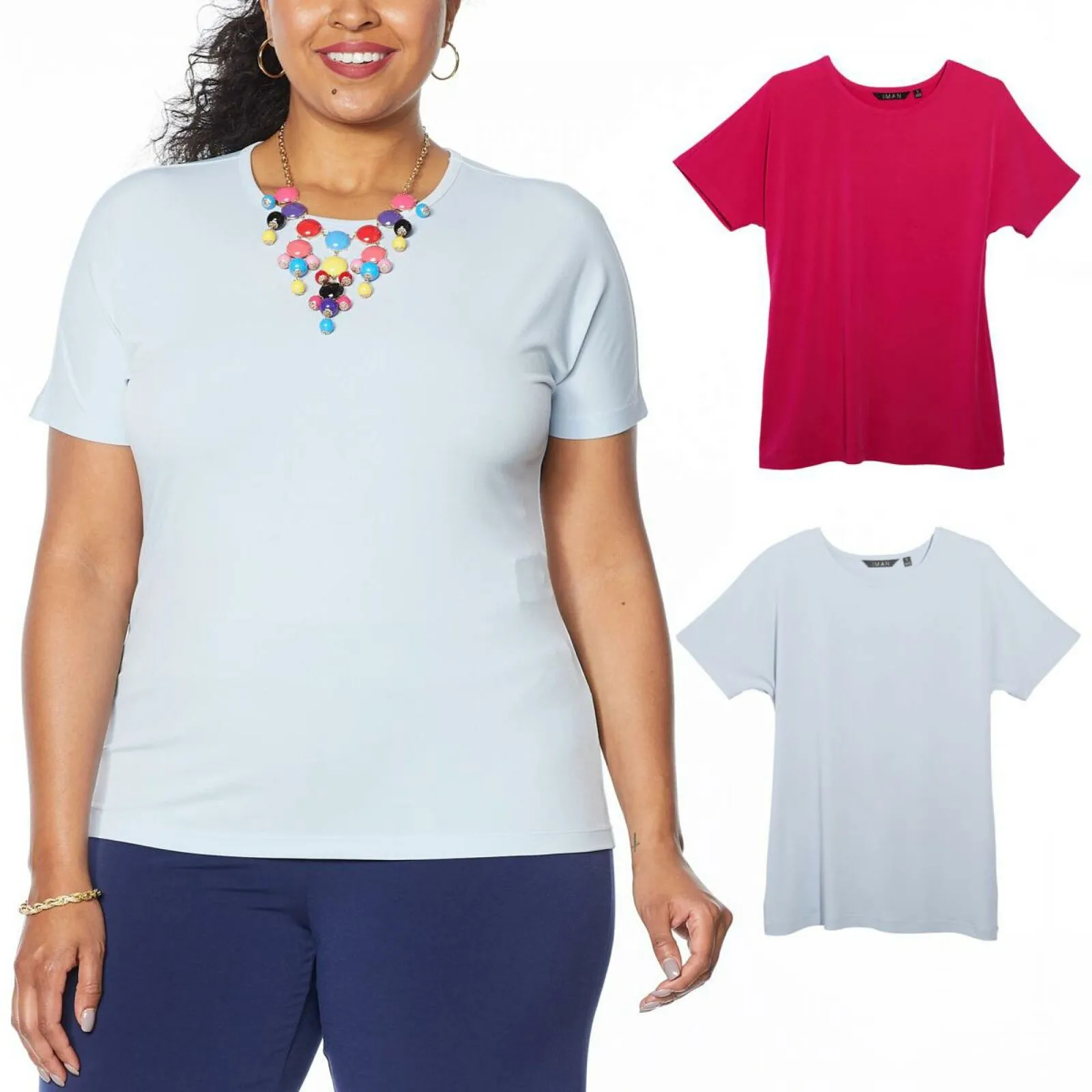 IMAN Women's Plus Size 2 Pack City Chic Short Sleeve T-Shirts With Necklace