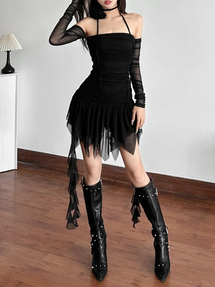 JazzHer Aesthetic Elegant Black Party Dress Women Mall Gothic Fairycore Grunge Strapless Irregular Hem High Waist Corset Dresses