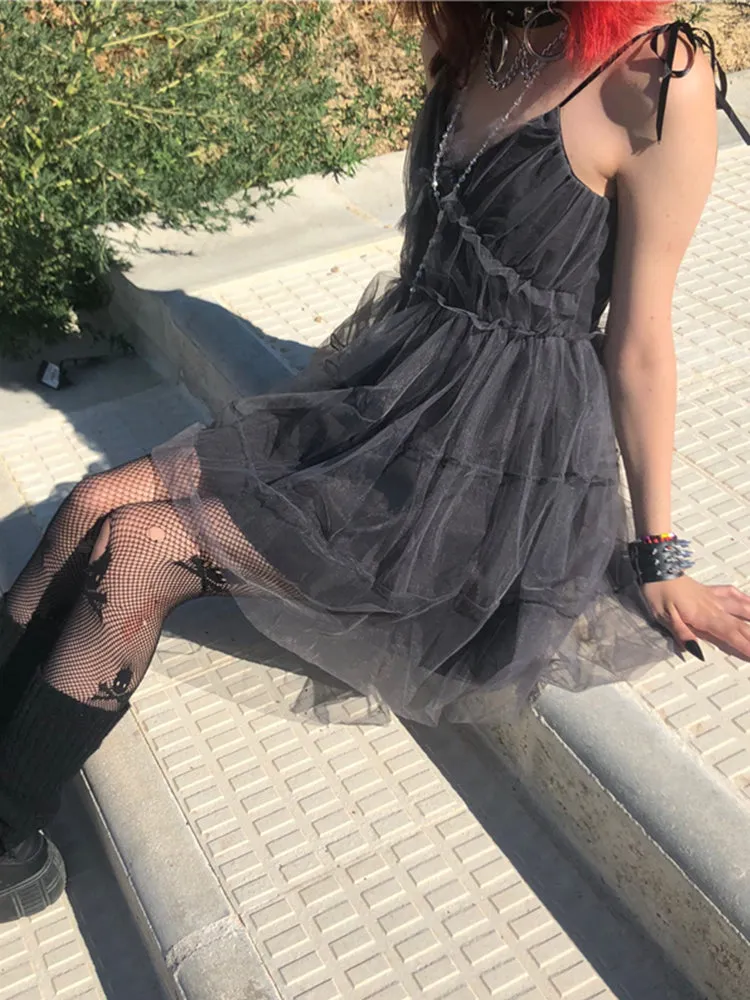 JazzHer Dark Gothic Mesh Dress Women Fairy Grunge Vintage Punk Strapless High Waist Dresses Harajuku Mall Goth Emo Alt Partywear
