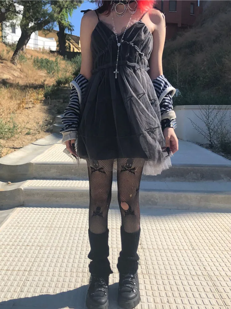 JazzHer Dark Gothic Mesh Dress Women Fairy Grunge Vintage Punk Strapless High Waist Dresses Harajuku Mall Goth Emo Alt Partywear