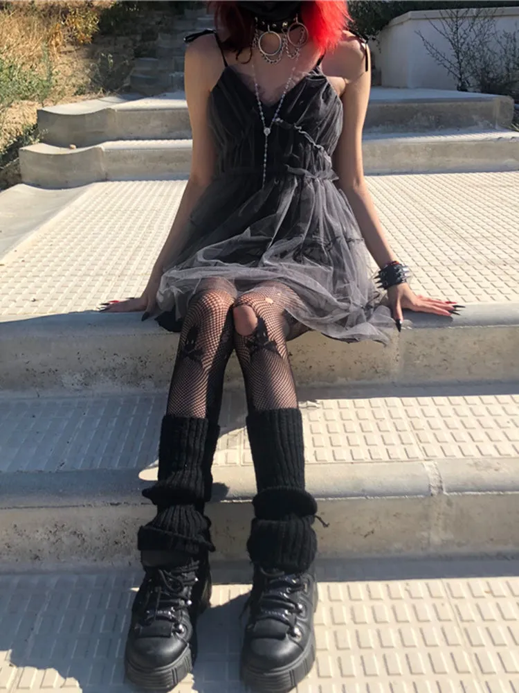 JazzHer Dark Gothic Mesh Dress Women Fairy Grunge Vintage Punk Strapless High Waist Dresses Harajuku Mall Goth Emo Alt Partywear