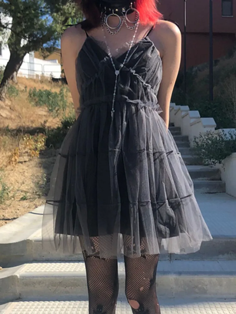 JazzHer Dark Gothic Mesh Dress Women Fairy Grunge Vintage Punk Strapless High Waist Dresses Harajuku Mall Goth Emo Alt Partywear