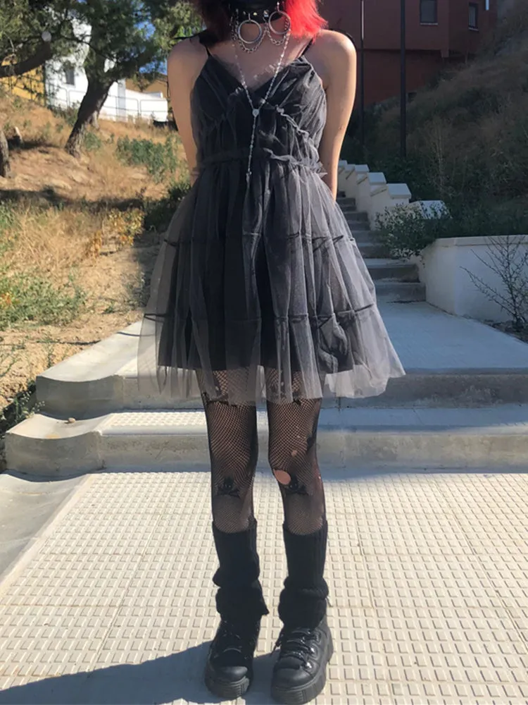 JazzHer Dark Gothic Mesh Dress Women Fairy Grunge Vintage Punk Strapless High Waist Dresses Harajuku Mall Goth Emo Alt Partywear
