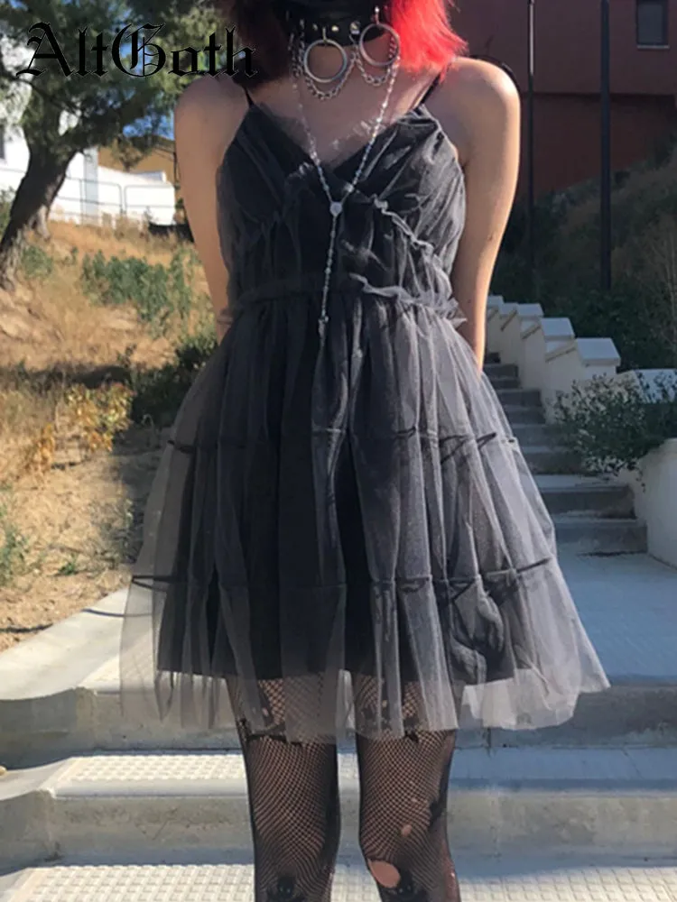 JazzHer Dark Gothic Mesh Dress Women Fairy Grunge Vintage Punk Strapless High Waist Dresses Harajuku Mall Goth Emo Alt Partywear