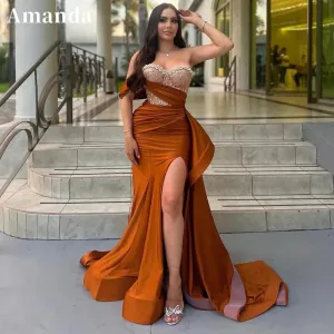 JazzHer Luxury Strapless vestidos de noche Mermaid Satin Prom Dresses Customized Sleeveless Glitter Floor-Length Formal Evening-(PRE-ORDER)
