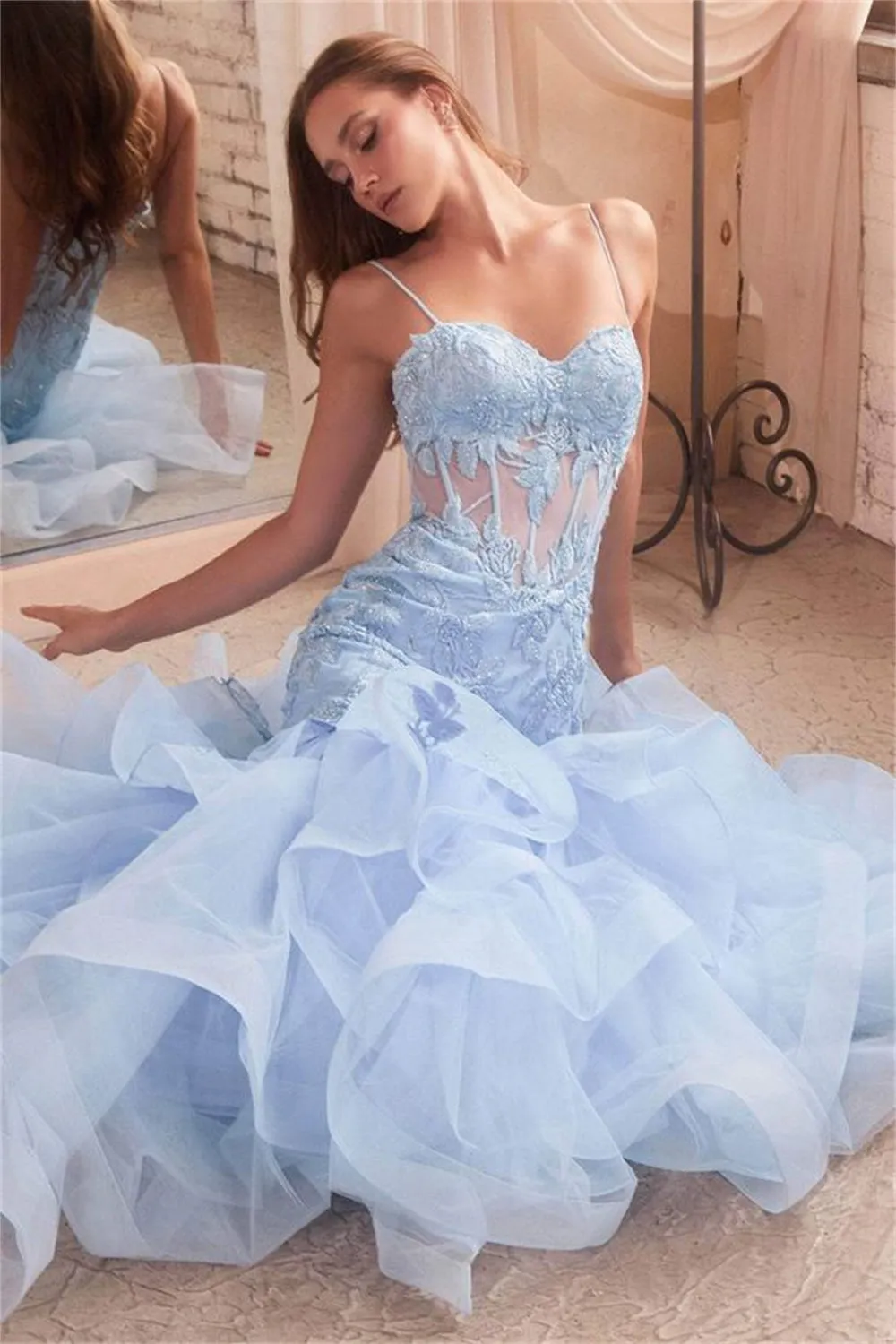 JazzHer Mermaid Tulle vestidos de noche Heart Shaped Neck Illusion Prom Dresses Elegant Sleevesless Floor-Length Valentines Day-(PRE-ORDER)