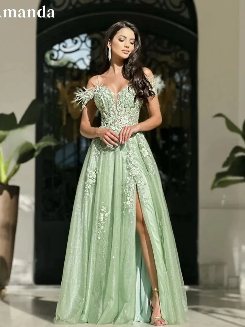 JazzHer Princess Green Side Split Prom Dresses 3D Flower Lace Embroidery Tulle Evening Dress Feather Shoulder Vestidos De Fiesta-(PRE-ORDER)