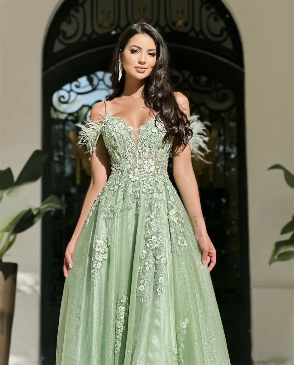 JazzHer Princess Green Side Split Prom Dresses 3D Flower Lace Embroidery Tulle Evening Dress Feather Shoulder Vestidos De Fiesta-(PRE-ORDER)