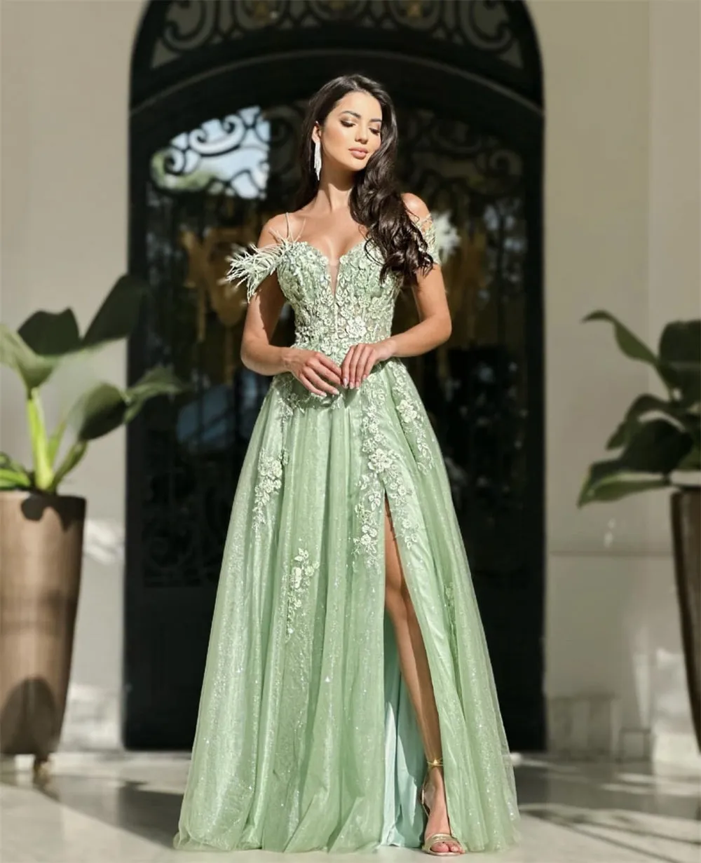 JazzHer Princess Green Side Split Prom Dresses 3D Flower Lace Embroidery Tulle Evening Dress Feather Shoulder Vestidos De Fiesta-(PRE-ORDER)