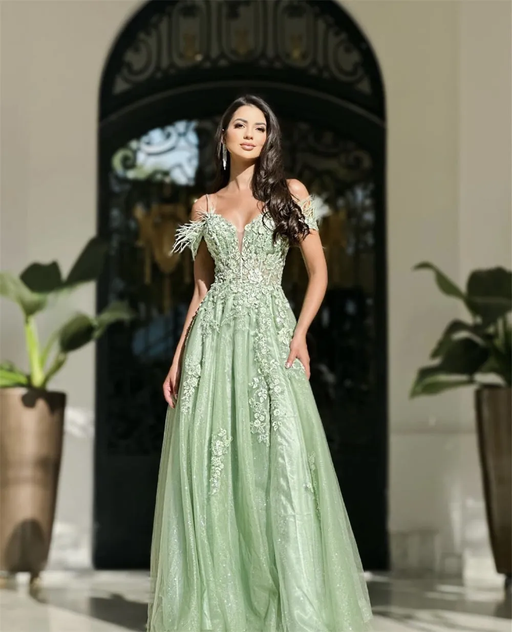 JazzHer Princess Green Side Split Prom Dresses 3D Flower Lace Embroidery Tulle Evening Dress Feather Shoulder Vestidos De Fiesta-(PRE-ORDER)