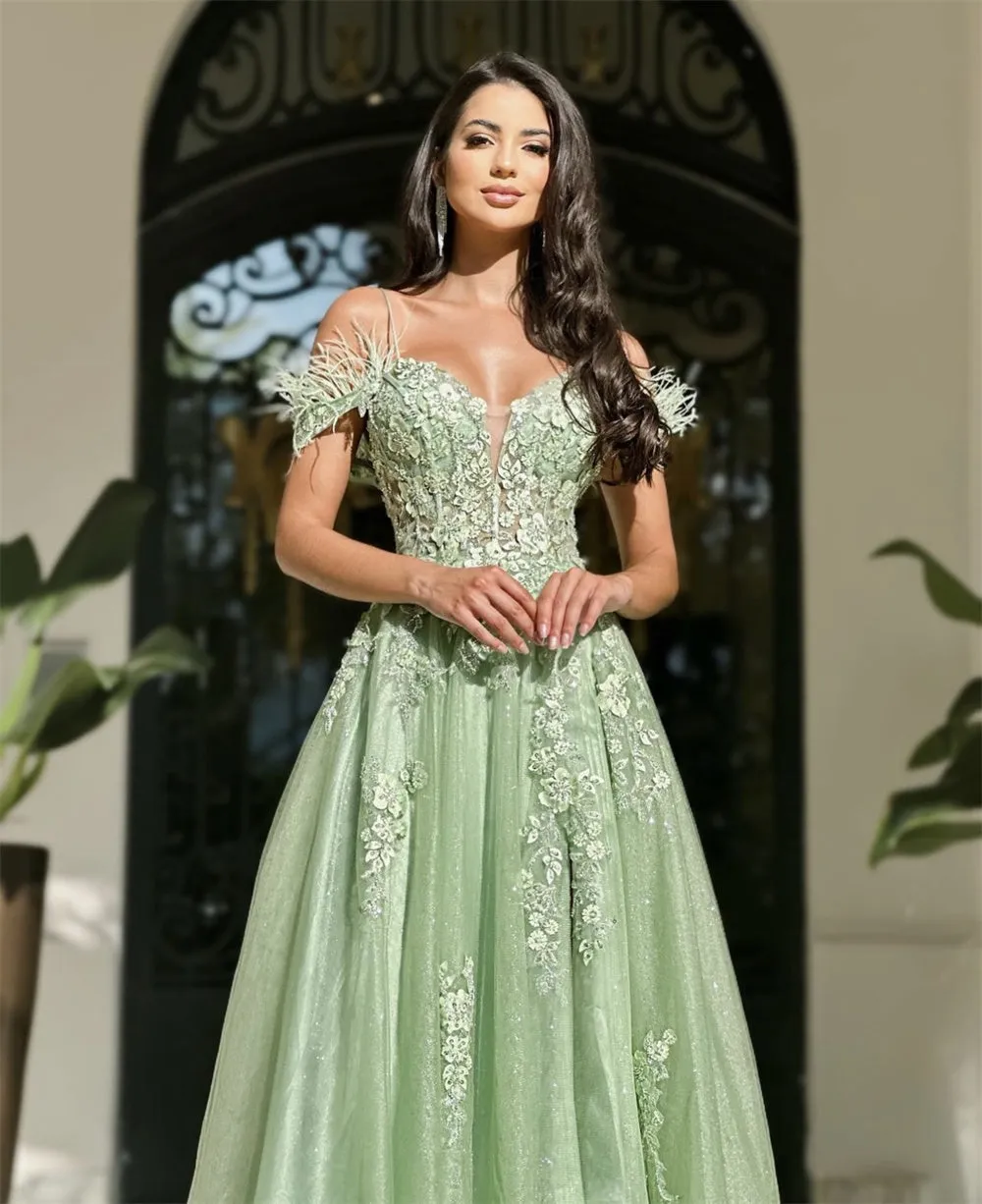 JazzHer Princess Green Side Split Prom Dresses 3D Flower Lace Embroidery Tulle Evening Dress Feather Shoulder Vestidos De Fiesta-(PRE-ORDER)