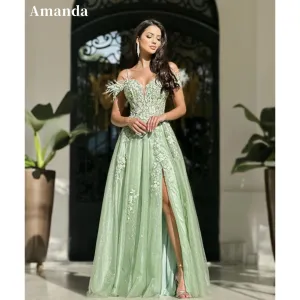 JazzHer Princess Green Side Split Prom Dresses 3D Flower Lace Embroidery Tulle Evening Dress Feather Shoulder Vestidos De Fiesta-(PRE-ORDER)