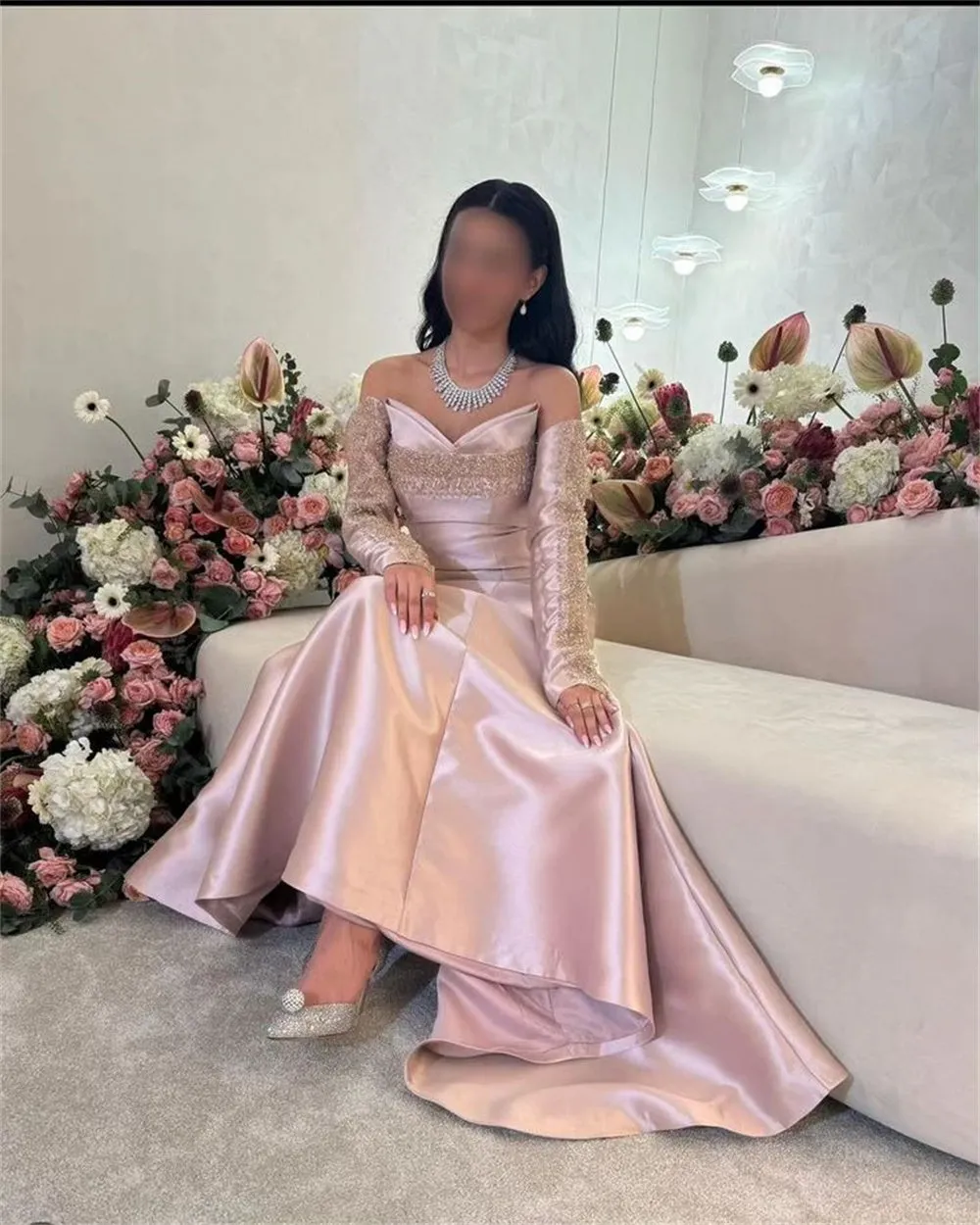 JazzHer Satin Off the Shoulder Floor-Length robes de soirée Sequin Pleats Evening Dresses Coctkail Party Formal Wedding Dress-(PRE-ORDER)