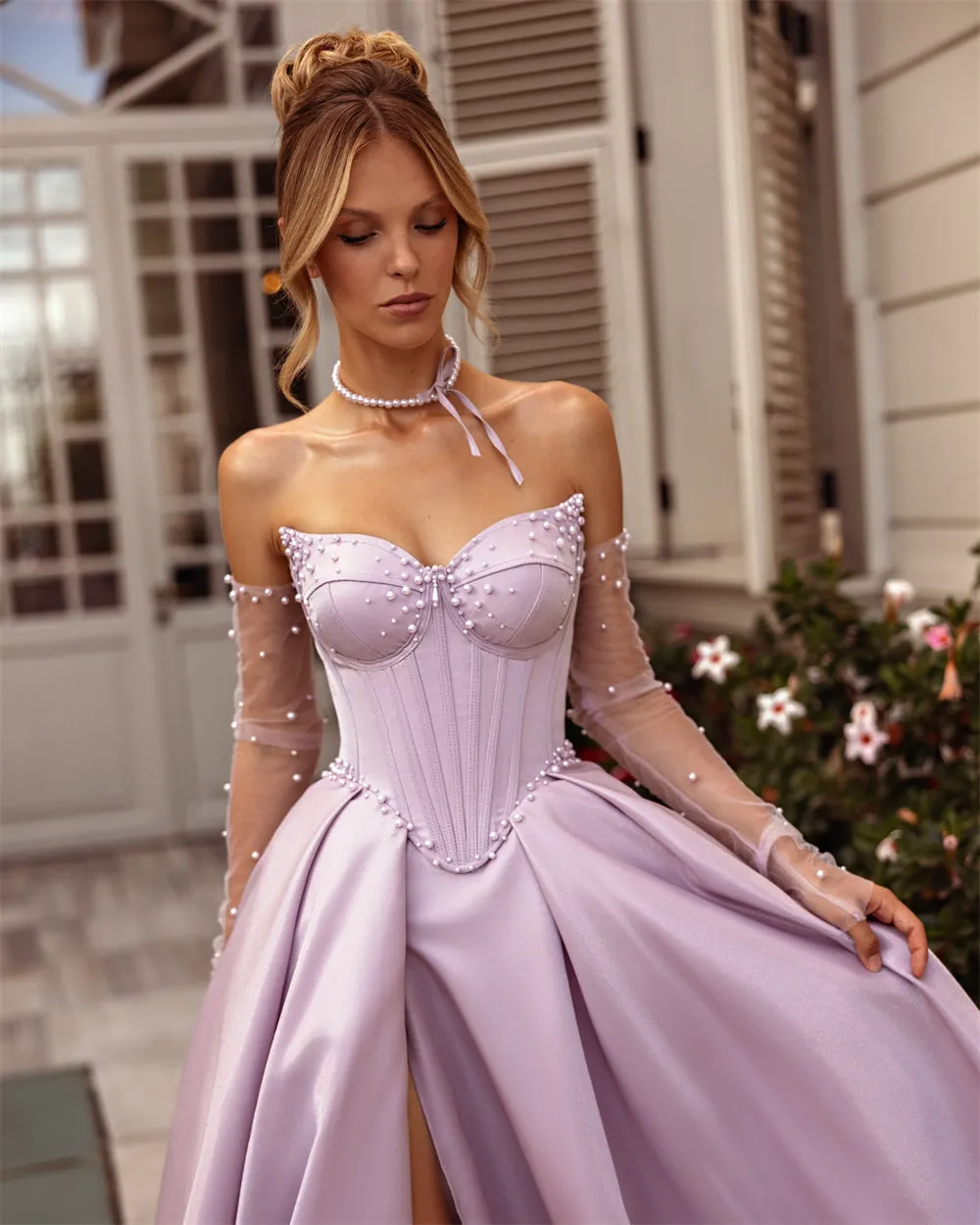 JazzHer Satin Strapless Sleeveless robes de soirée Side High Split A-Line Evening Dresses Wedding Party Exquisite Wedding Dress-(PRE-ORDER)