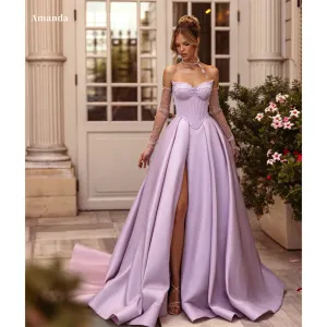 JazzHer Satin Strapless Sleeveless robes de soirée Side High Split A-Line Evening Dresses Wedding Party Exquisite Wedding Dress-(PRE-ORDER)