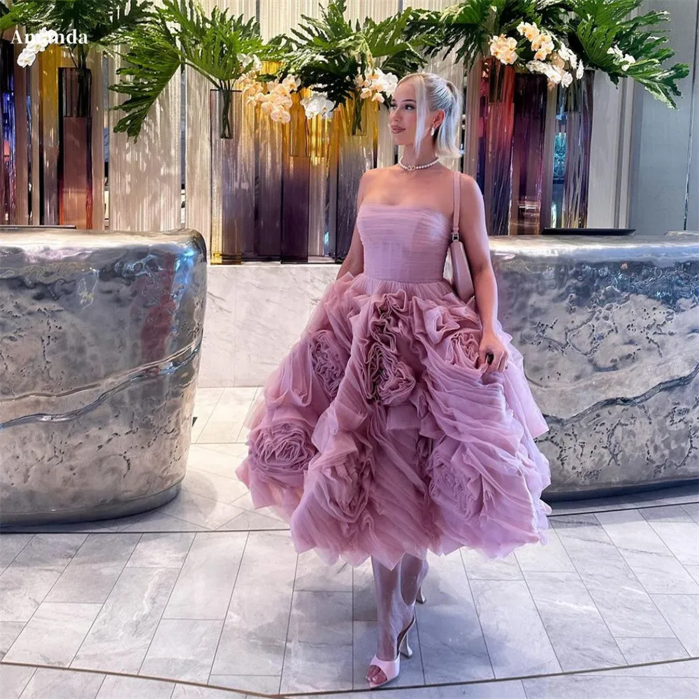 JazzHer Tulle Floral A-Line robes de soirée Ankle-Length Strapless Sleeveless Evening Dresses Valentines Day Formal Wedding Dress-(PRE-ORDER)