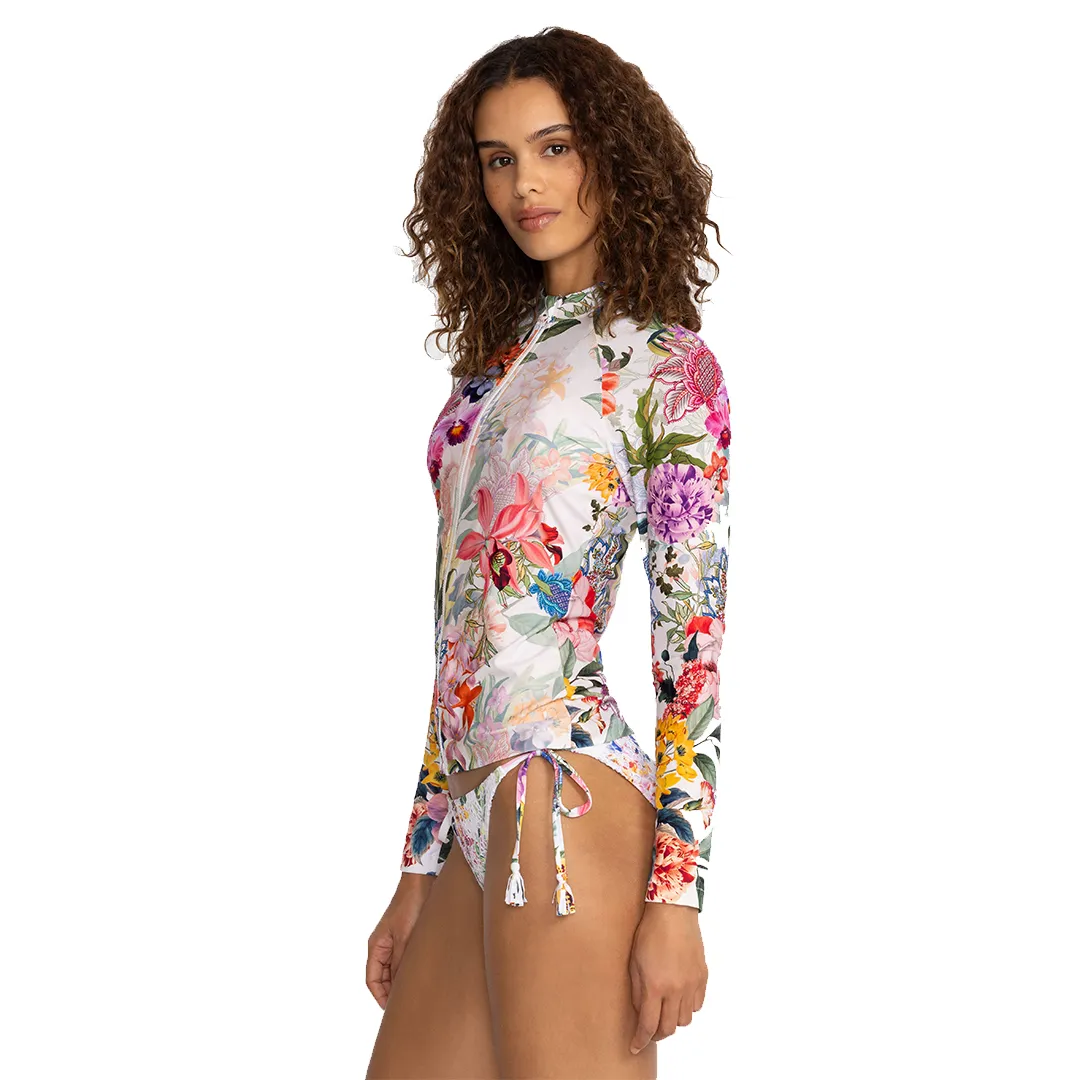 Johnny Was Neon Jungle Long Sleeve Rash Guard Surf Shirt White Purple Floral New