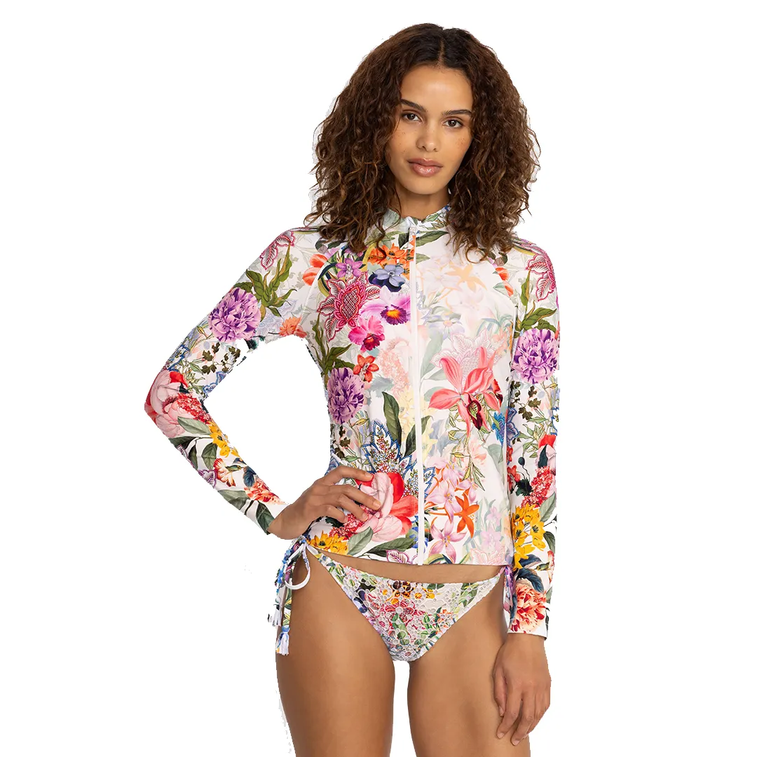 Johnny Was Neon Jungle Long Sleeve Rash Guard Surf Shirt White Purple Floral New