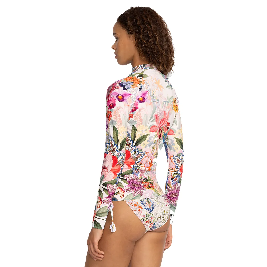 Johnny Was Neon Jungle Long Sleeve Rash Guard Surf Shirt White Purple Floral New
