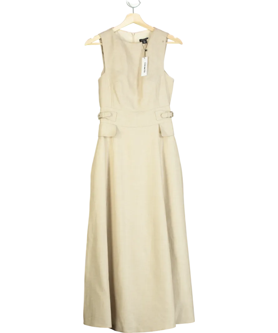 Karen Millen Beige Premium Linen Tab Waist Detail Full Skirt Tailored Midi Dress UK 6