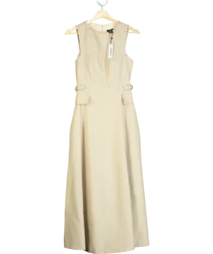 Karen Millen Beige Premium Linen Tab Waist Detail Full Skirt Tailored Midi Dress UK 6