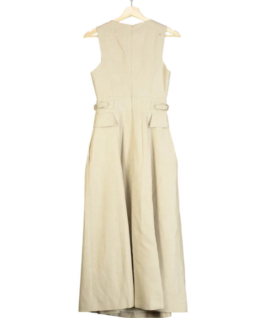 Karen Millen Beige Premium Linen Tab Waist Detail Full Skirt Tailored Midi Dress UK 6