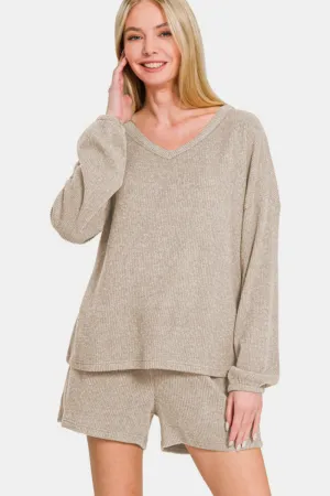 Khaki V-Neck Long Sleeve Ribbed Top and Shorts Set