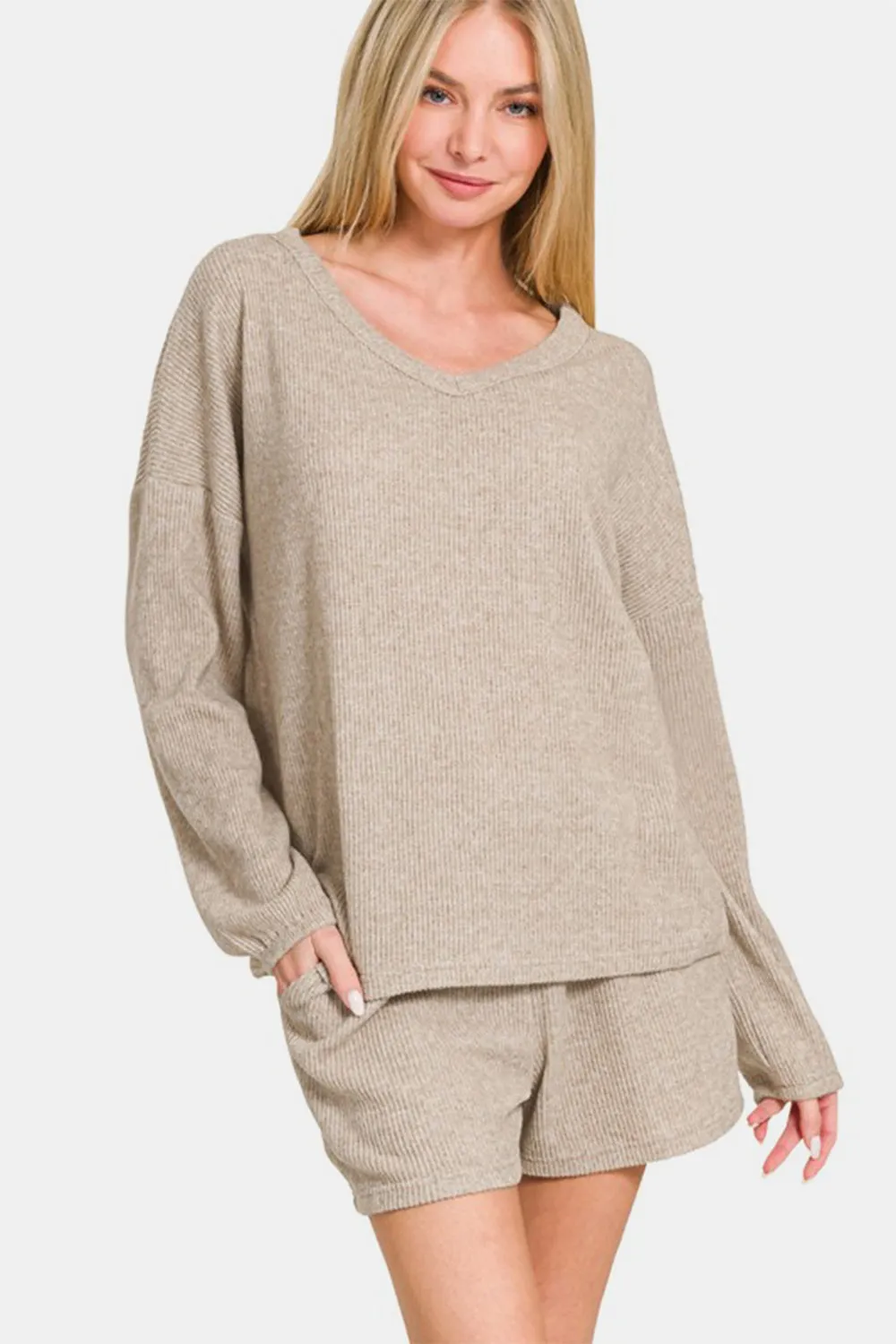 Khaki V-Neck Long Sleeve Ribbed Top and Shorts Set