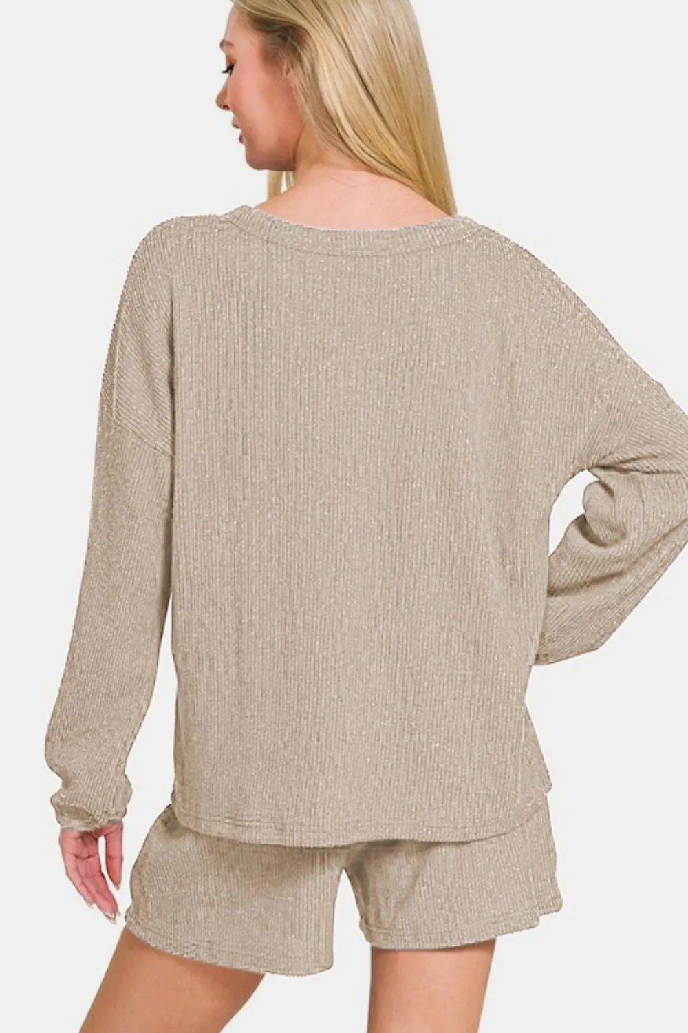 Khaki V-Neck Long Sleeve Ribbed Top and Shorts Set