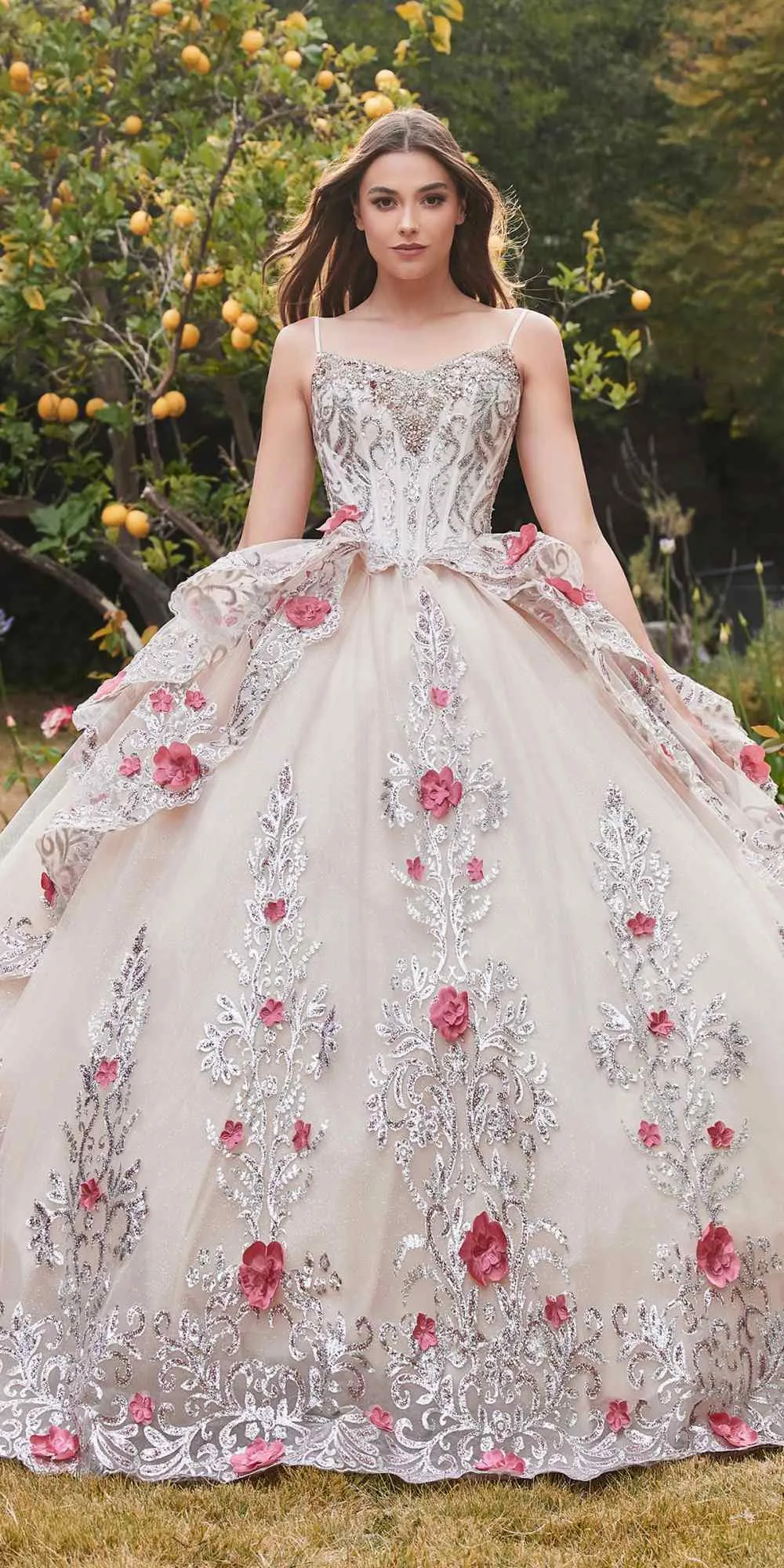 Ladivine 15703 Layered Tulle Quince Ball Gown With Foral Applique