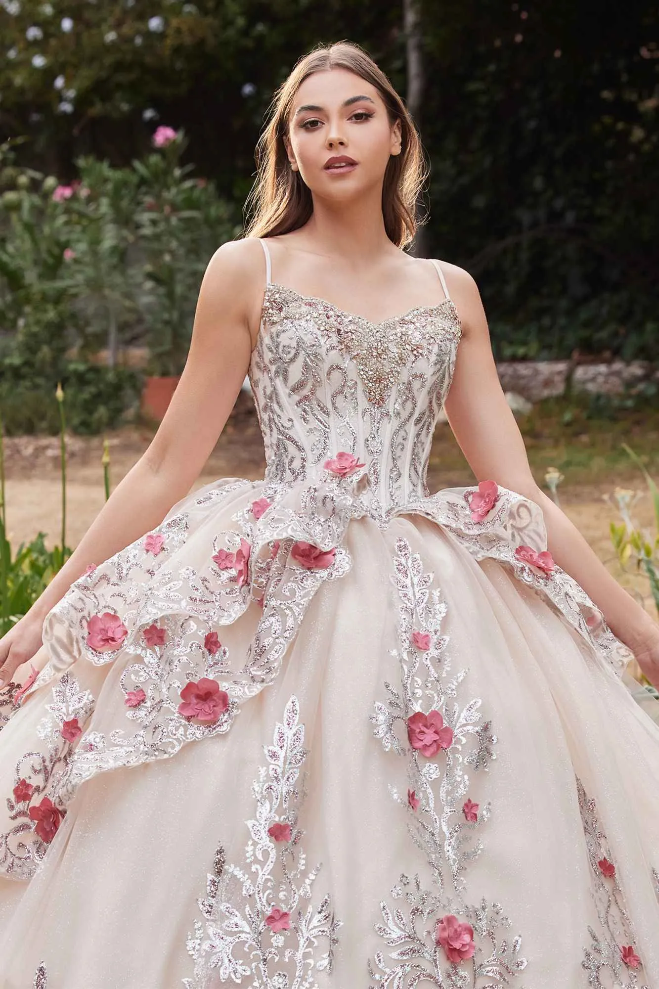 Ladivine 15703 Layered Tulle Quince Ball Gown With Foral Applique