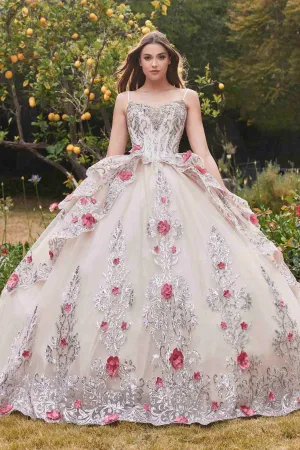 Ladivine 15703 Layered Tulle Quince Ball Gown With Foral Applique