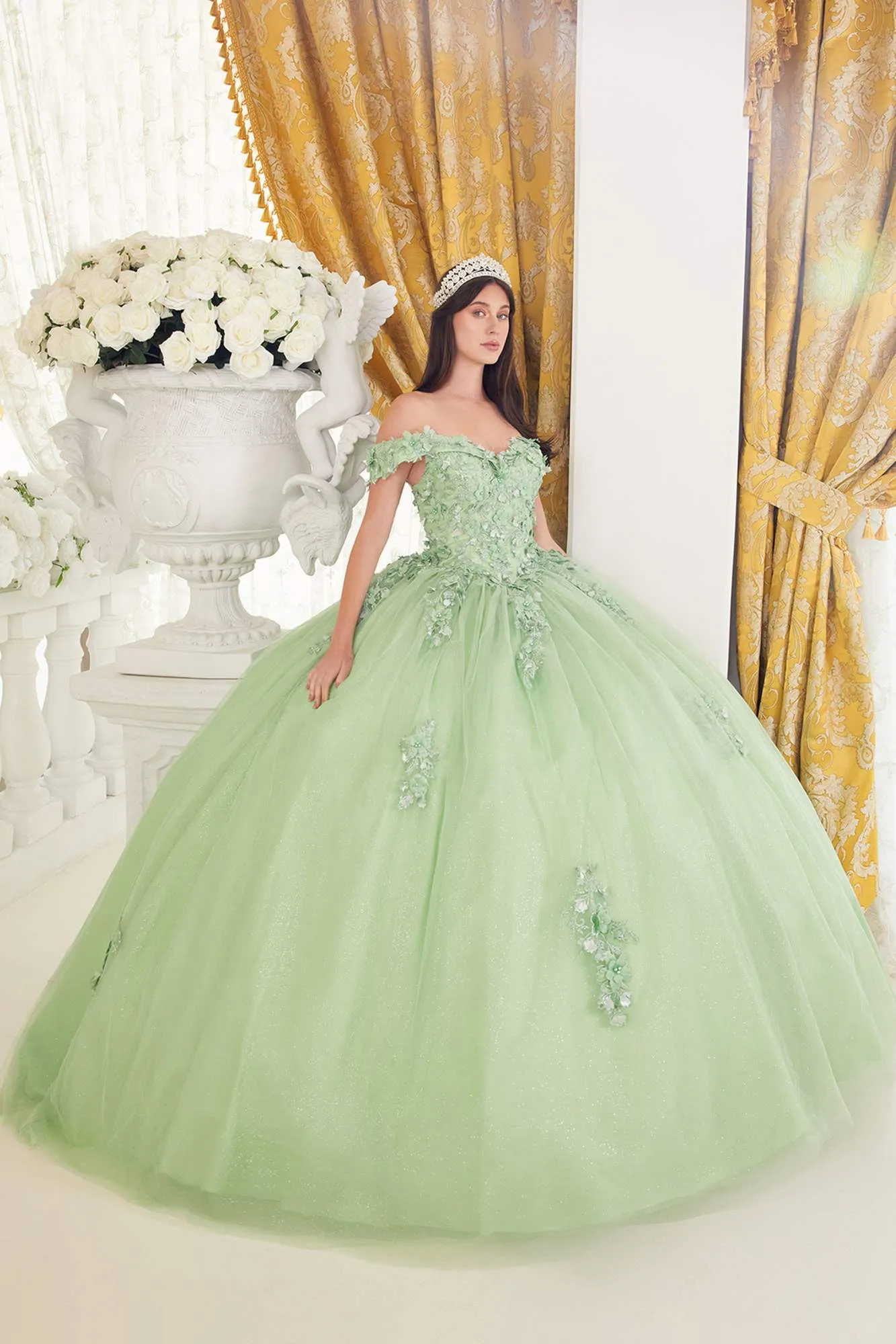 Ladivine 15710 Floor Length Lace Off Shoulder Layered Tulle Ball Gown
