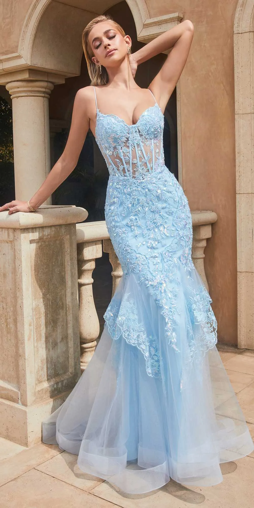 Ladivine 9316 Long Mermaid Lace Godet and Layered Tulle Gown