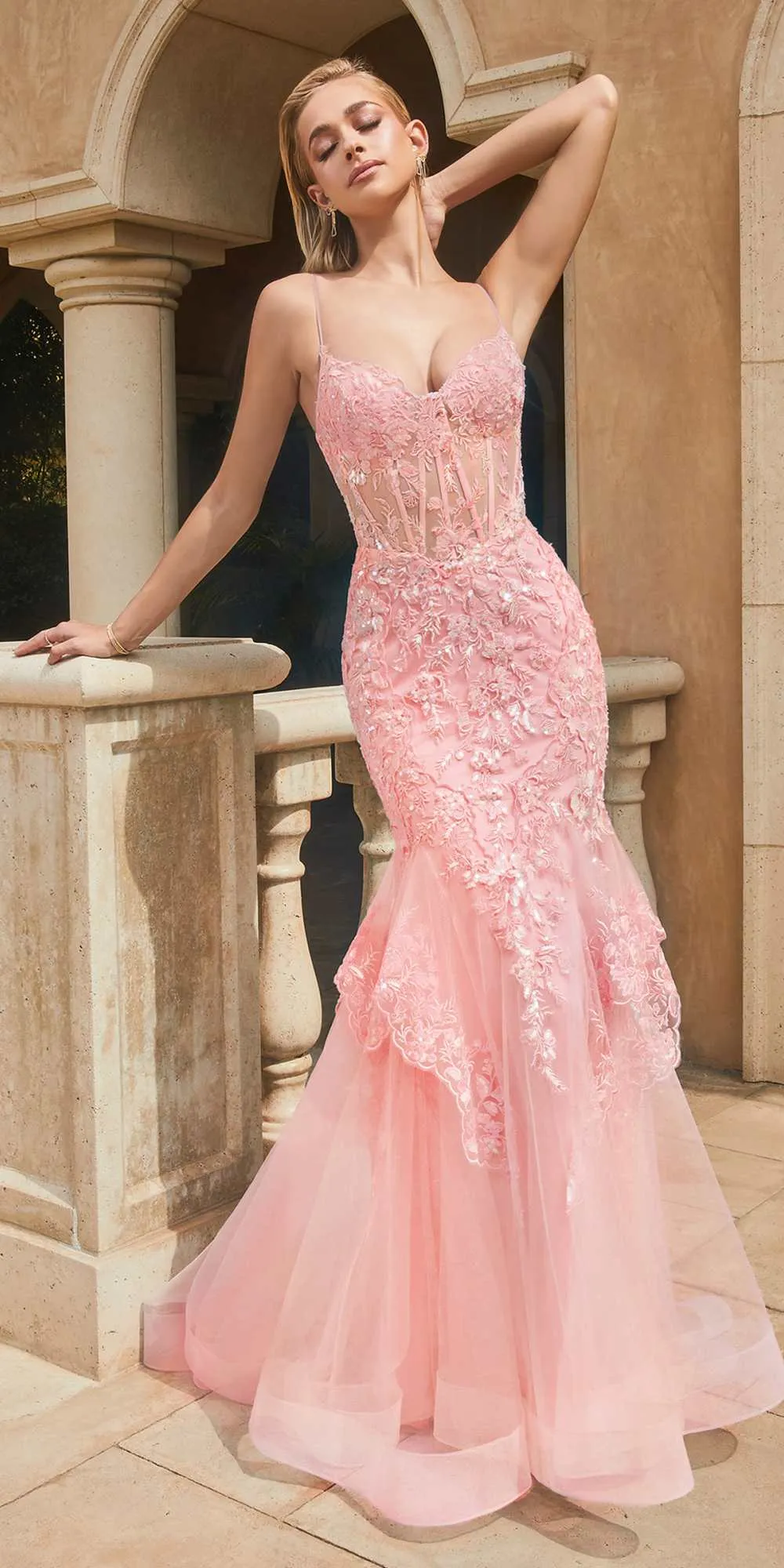 Ladivine 9316 Long Mermaid Lace Godet and Layered Tulle Gown