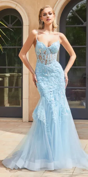 Ladivine 9316 Long Mermaid Lace Godet and Layered Tulle Gown