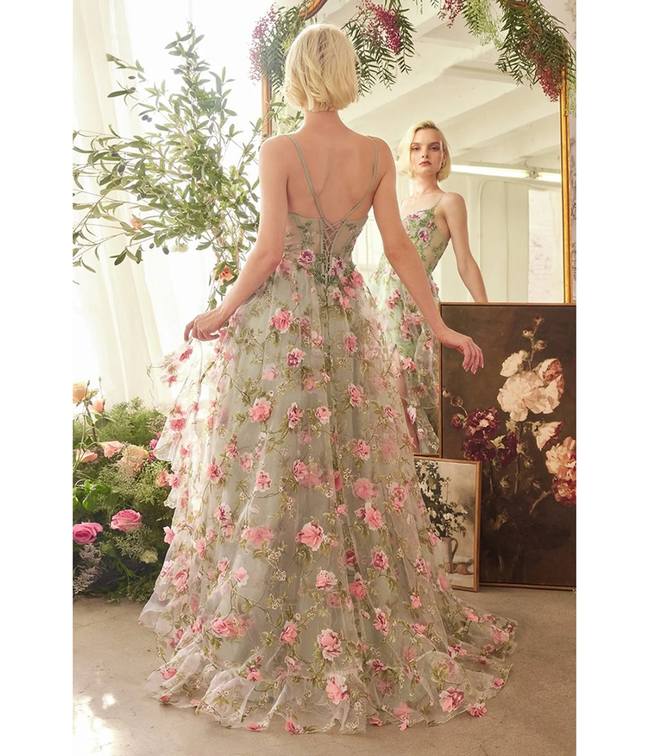 Ladivine by Cinderella Divine Sage Floral Print Layered A-Line Prom Dress