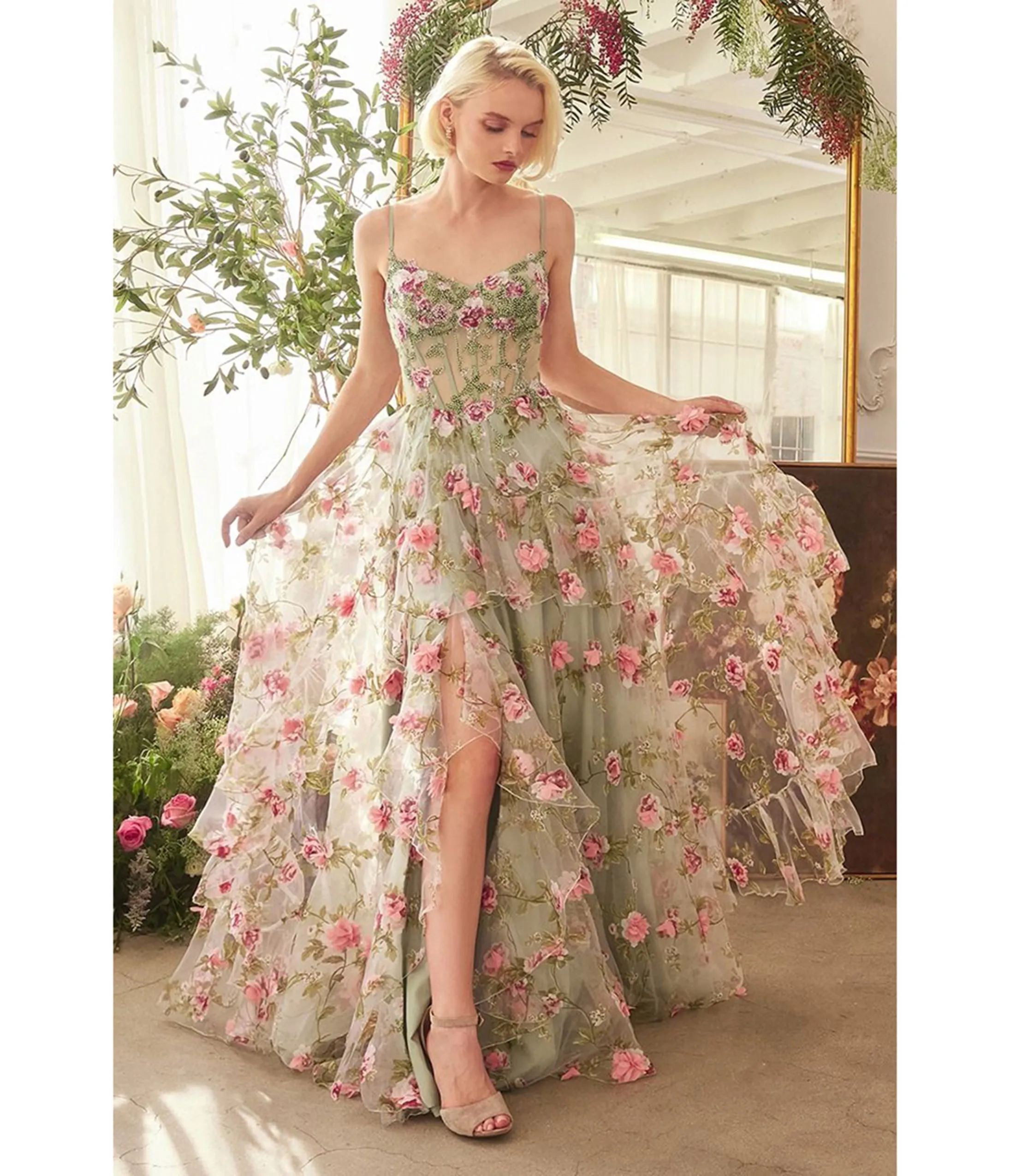 Ladivine by Cinderella Divine Sage Floral Print Layered A-Line Prom Dress