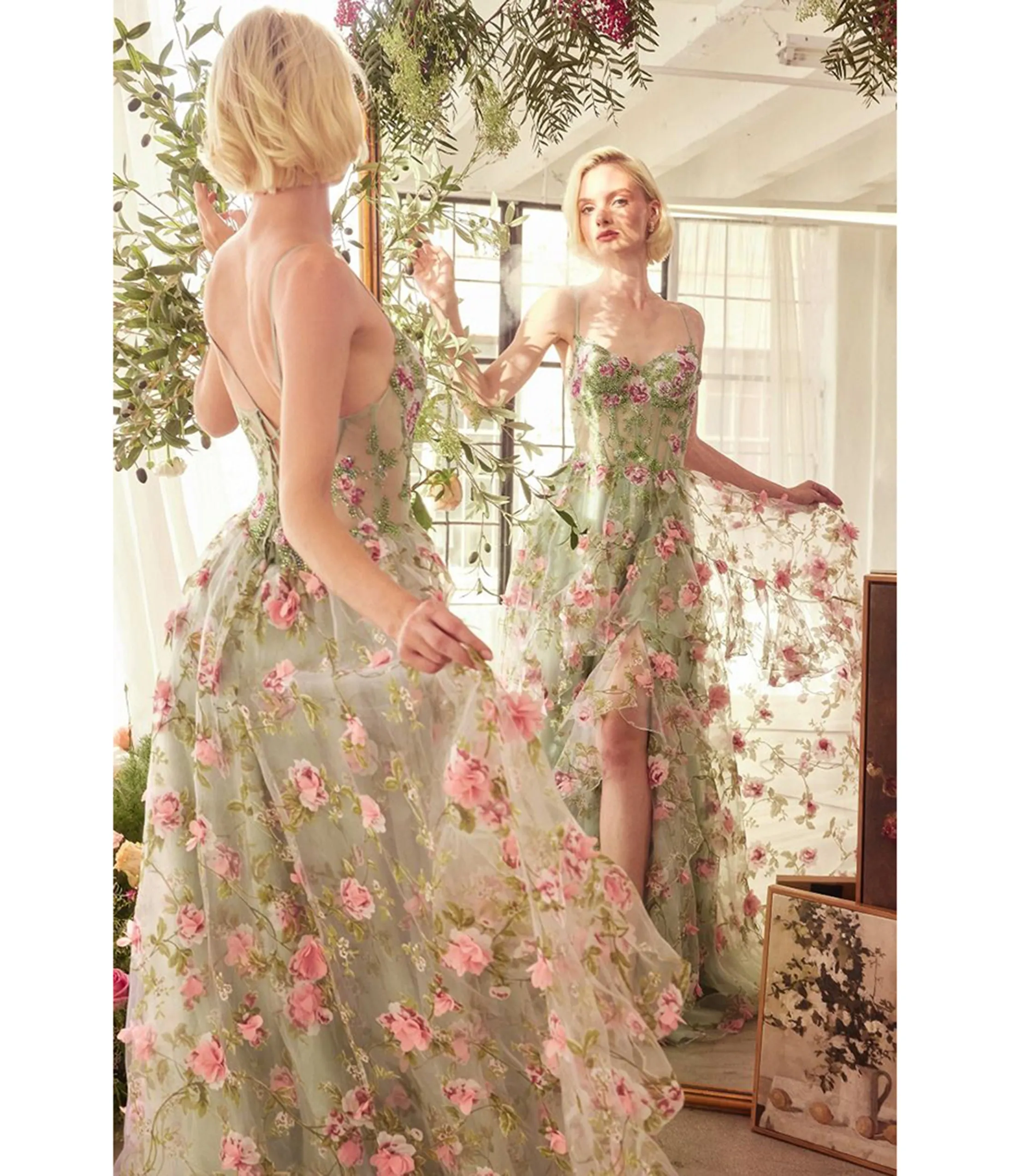 Ladivine by Cinderella Divine Sage Floral Print Layered A-Line Prom Dress