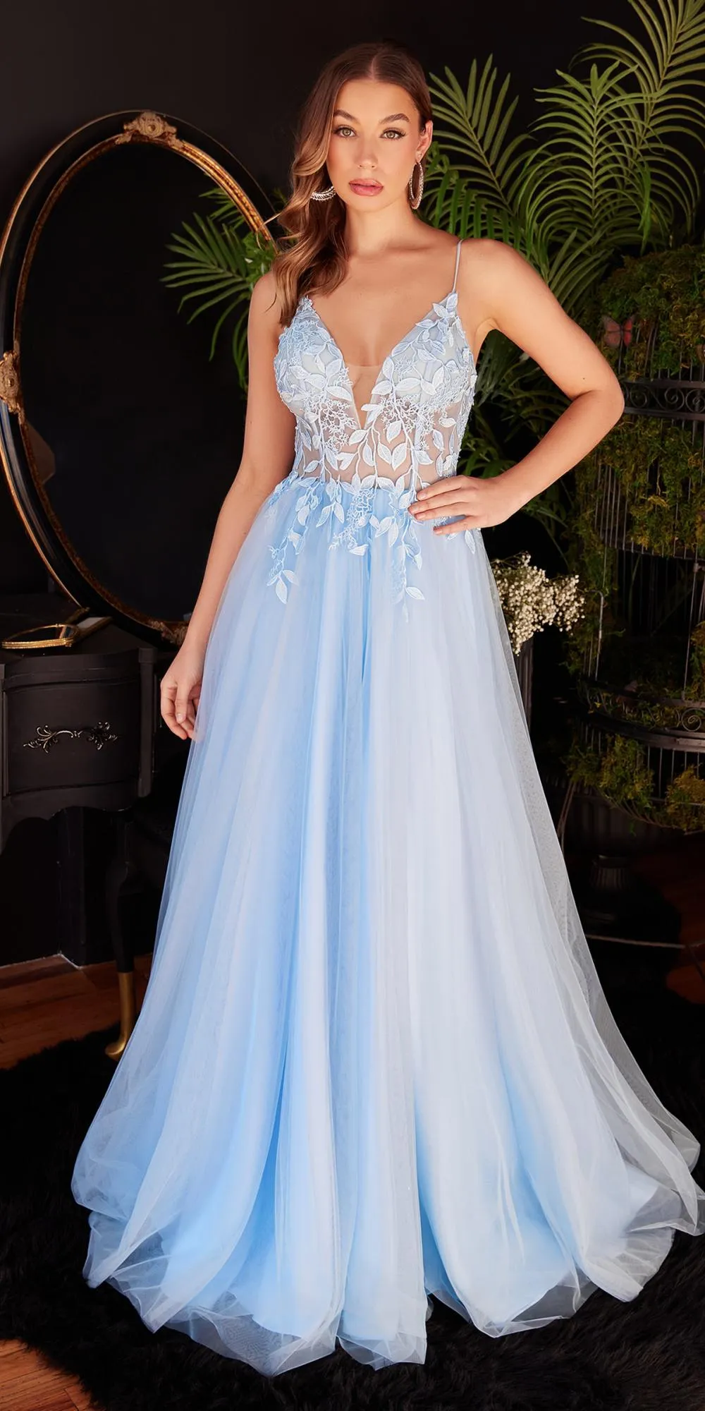 Ladivine CD2214 Long A-Line Layered Tulle Dress Leaf Pattern