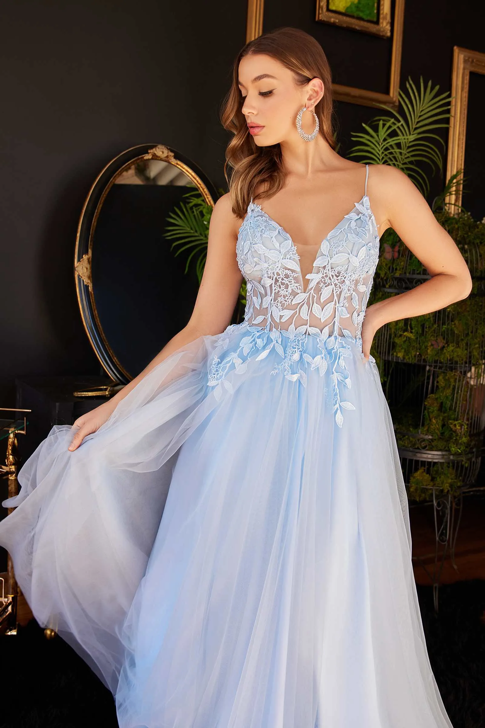 Ladivine CD2214 Long A-Line Layered Tulle Dress Leaf Pattern
