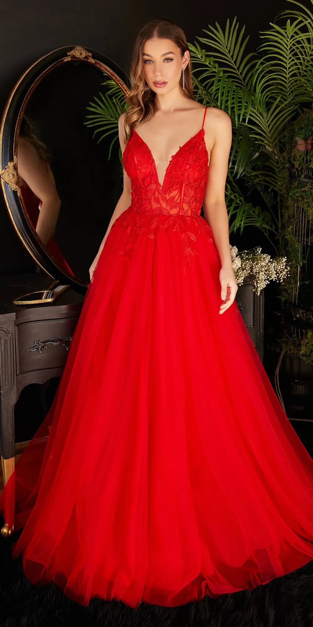 Ladivine CD2214 Long A-Line Layered Tulle Dress Leaf Pattern