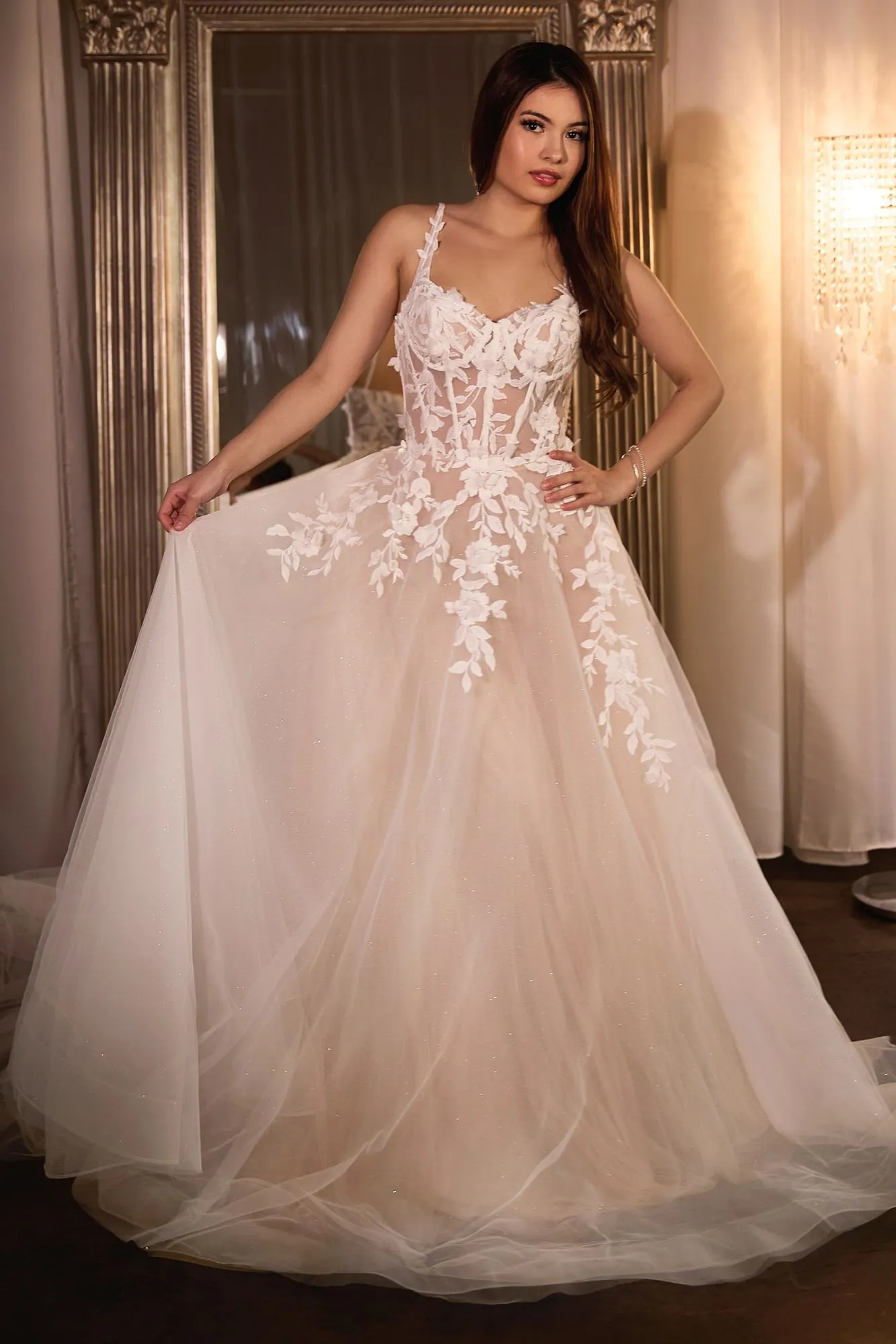Ladivine CDS477W Lace A-Line Wedding Gown With Layered Tulle Skirt