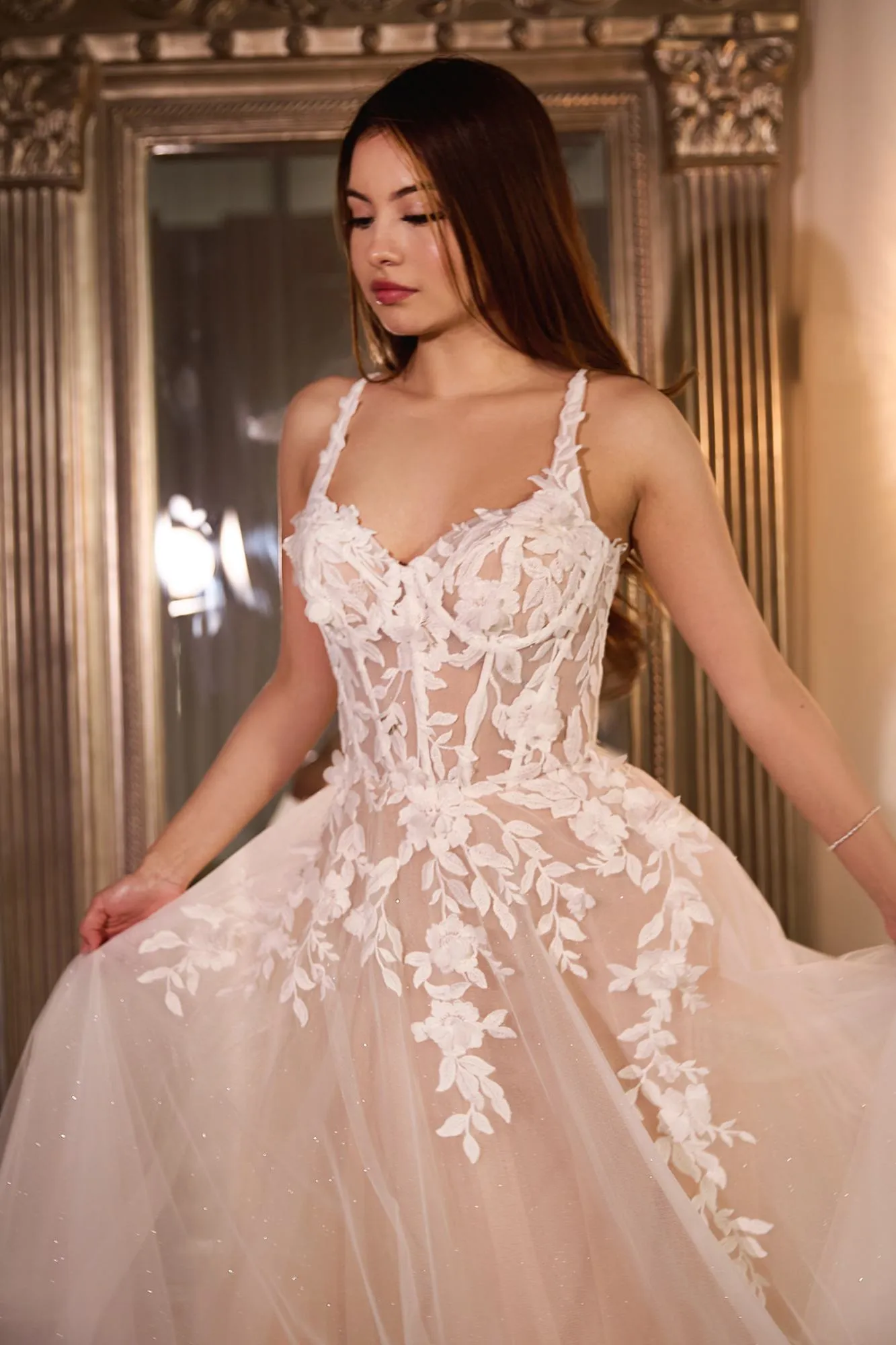 Ladivine CDS477W Lace A-Line Wedding Gown With Layered Tulle Skirt