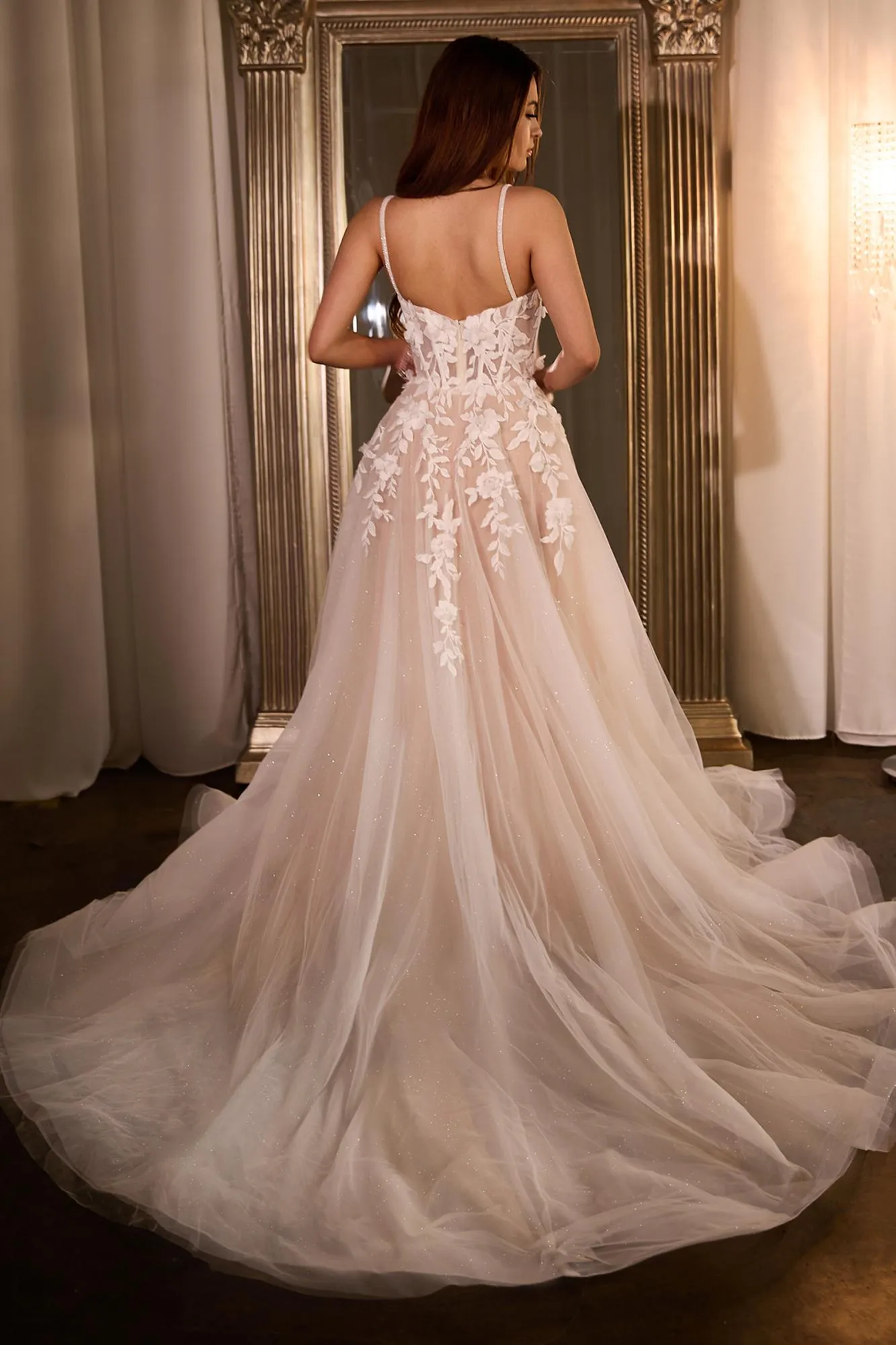 Ladivine CDS477W Lace A-Line Wedding Gown With Layered Tulle Skirt