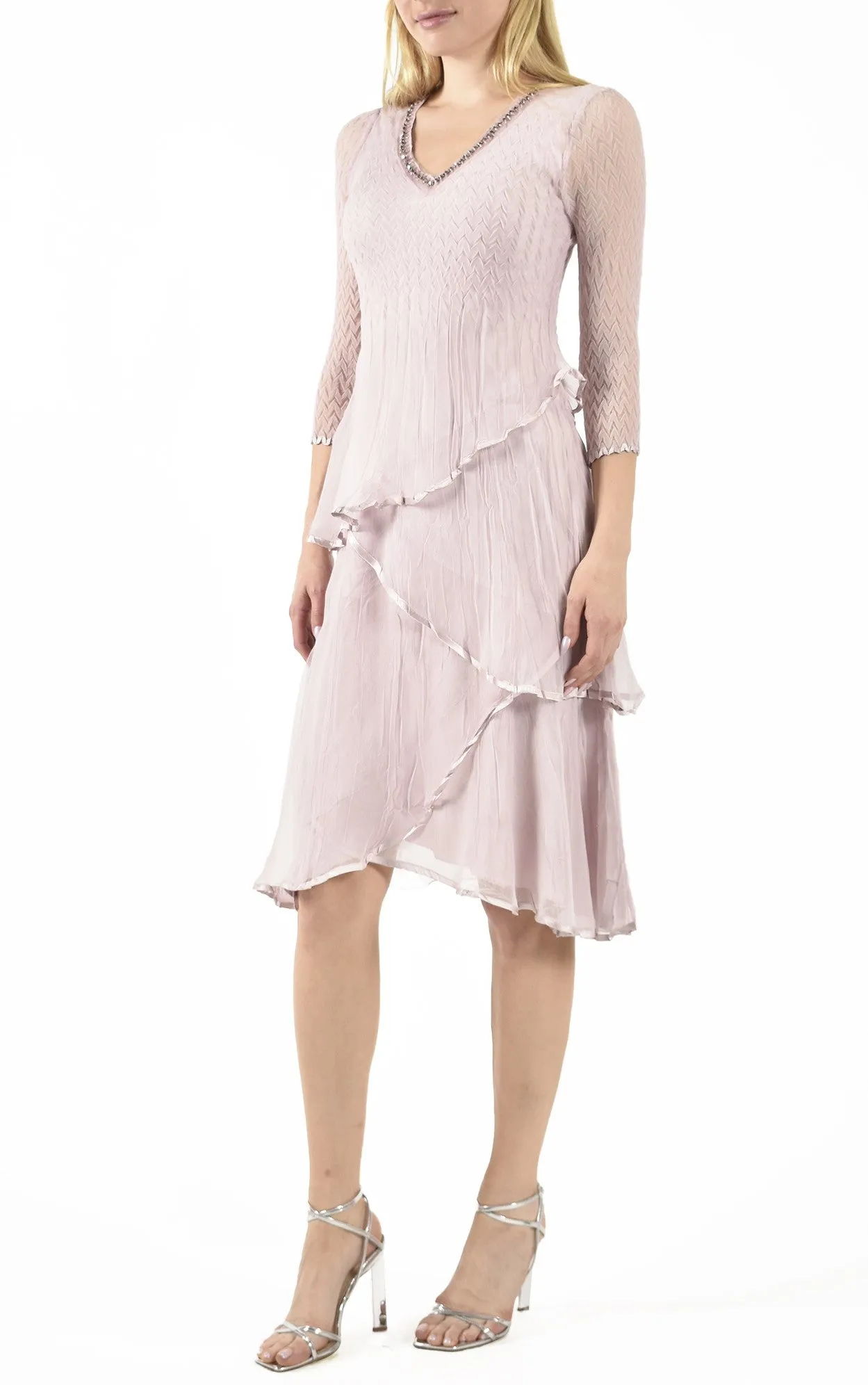 Layered Pleated Chiffon V-Neck Dress